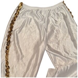 Kids White Satin Dance Pants Gold Sequin Side Stripe Wide Leg Costume Trousers